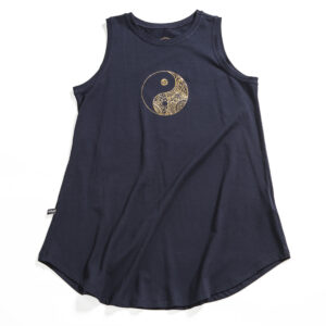 A black A-lined tank top with a front print of yin & yang in gold.