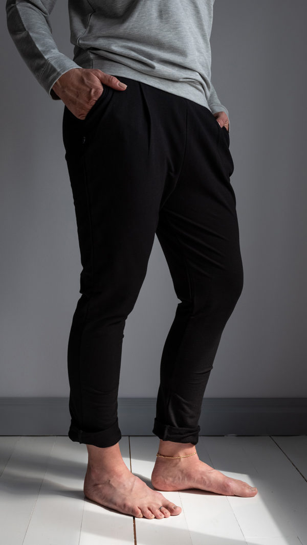 Anna wearing black chinos by Wearmyyoga