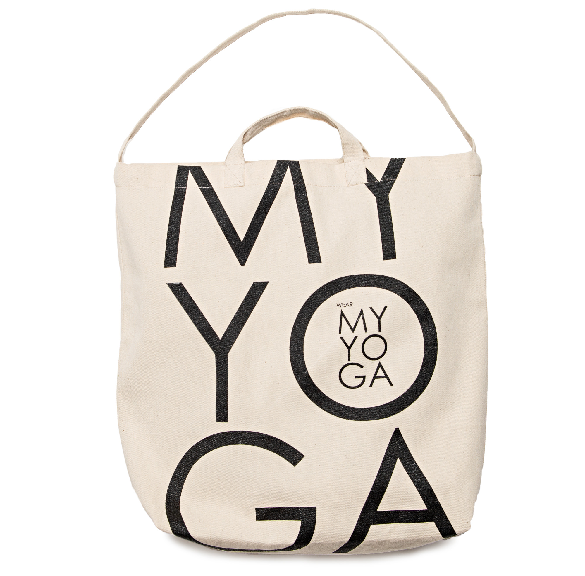 A yoga tote in natural cotton canvas with our logo in black