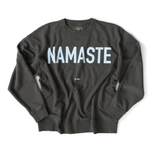 Namaste sweatshirt Dark Petrol Green with very lightblue "Namaste" letters at chest.