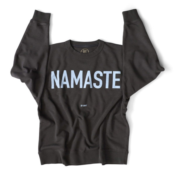 Namaste sweatshirt Dark Petrol Green with very lightblue "Namaste" letters at chest.