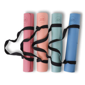 Natural Rubber PU Yoga Mat in the colors of Rasberry, Peach, Mint Turquise & Blue